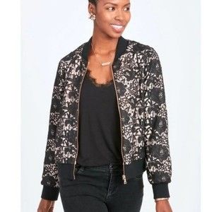 Stella & Dot Lace and Satin Bomber Jacket Pink and Black XS